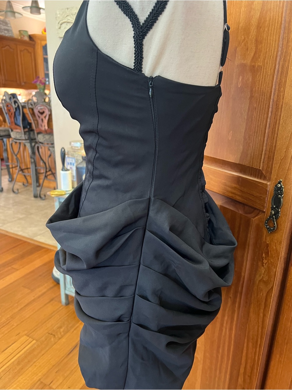 Square Neck Black Satin-Trim Mini Dress - Picture 5 of 10